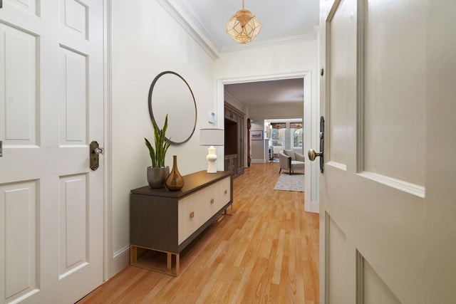 hallway featuring light hardwood / wood-style flooring and crown molding