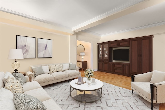 living room with light hardwood / wood-style floors and crown molding