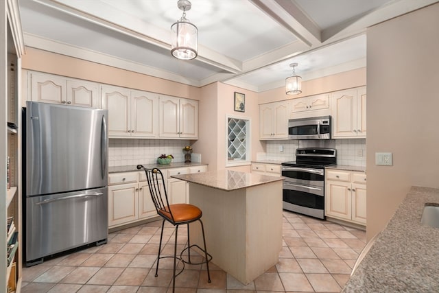 kitchen with decorative backsplash, beamed ceiling, a center island, pendant lighting, and appliances with stainless steel finishes