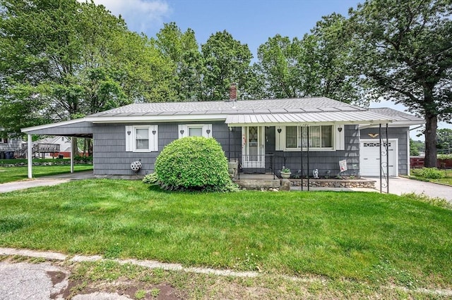 101 Harold Ave, Dracut, MA 01826 - ranch-style house featuring concrete driveway, a front yard, an attached carport, and roof with shingles