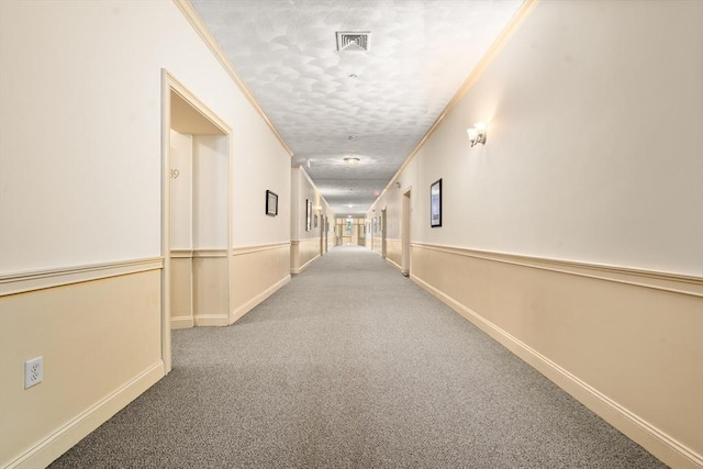 215 Harvard St Unit 40, Medford, MA 02155 - hall with carpet flooring, ornamental molding, a textured ceiling, and baseboards