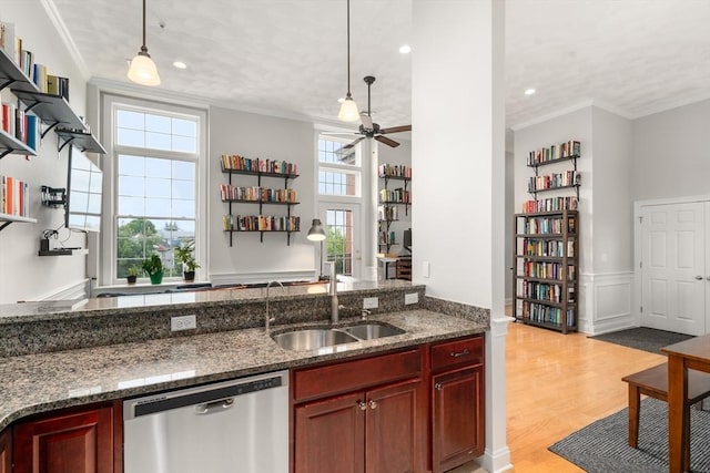 215 Harvard St Unit 40, Medford, MA 02155 - kitchen featuring stainless steel dishwasher, a sink, open shelves, crown molding, and dark brown cabinets