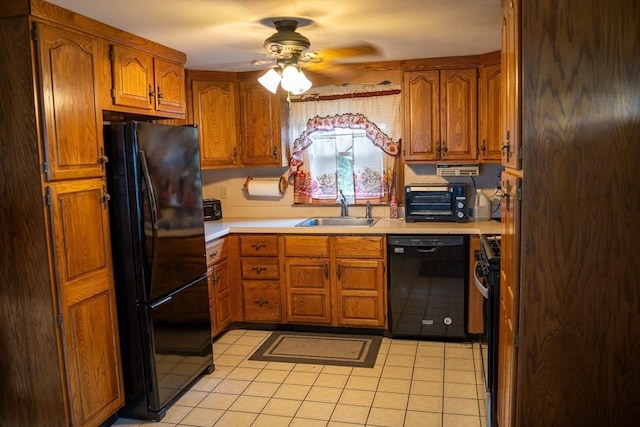 89 Audubon Ave, Braintree, MA 02184 - kitchen with black appliances, a ceiling fan, light countertops, brown cabinetry, and light tile patterned flooring