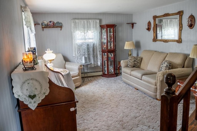 89 Audubon Ave, Braintree, MA 02184 - living area featuring a baseboard radiator, carpet, and wallpapered walls