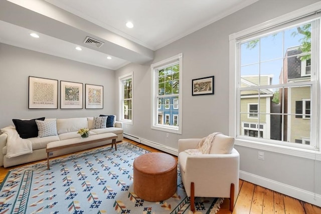 7 Trenton St Unit 2, Boston, MA 02129 - living room with crown molding, baseboards, wood finished floors, a baseboard radiator, and recessed lighting