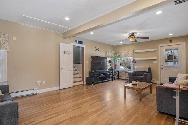 living room featuring beam ceiling, light hardwood / wood-style flooring, a baseboard radiator, and ceiling fan