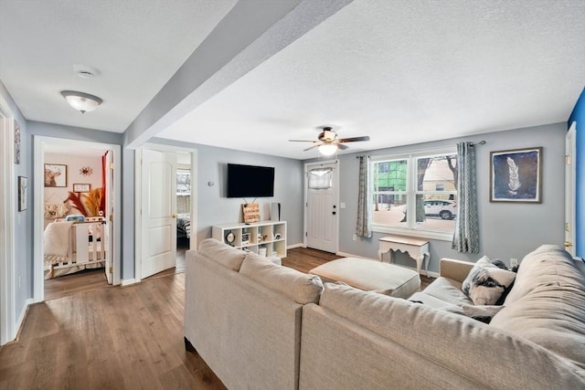 living room with ceiling fan and wood-type flooring