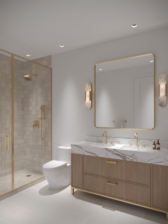 bathroom featuring tile patterned flooring, vanity, an enclosed shower, and toilet