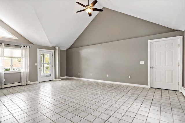 unfurnished living room with a ceiling fan, baseboards, light tile patterned floors, lofted ceiling, and a baseboard heating unit