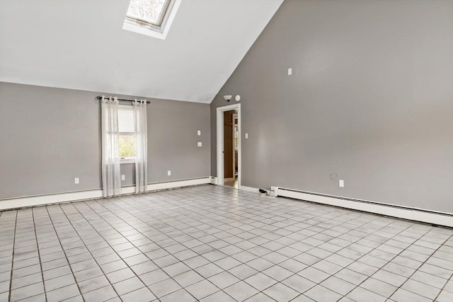 unfurnished room with a baseboard radiator, a skylight, light tile patterned flooring, and high vaulted ceiling