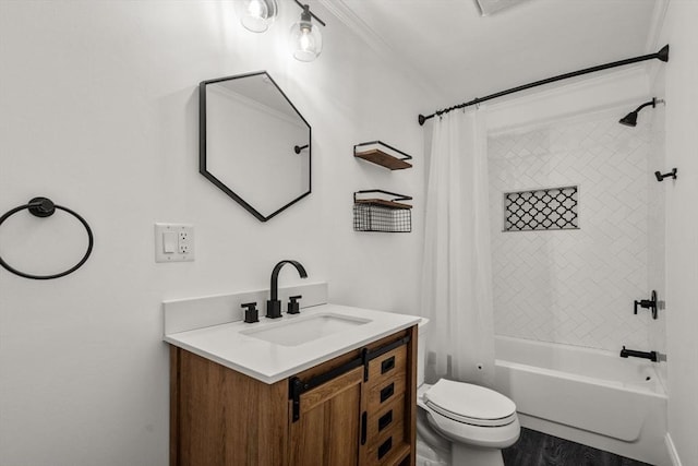 full bathroom with toilet, shower / bath combo, wood finished floors, and vanity