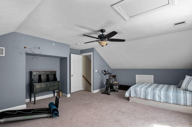 carpeted bedroom with visible vents, baseboards, ceiling fan, and lofted ceiling