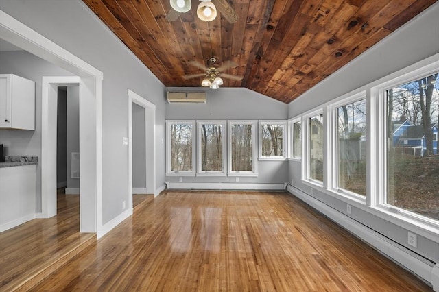 unfurnished sunroom with a baseboard radiator, plenty of natural light, ceiling fan, wood ceiling, and a wall mounted air conditioner