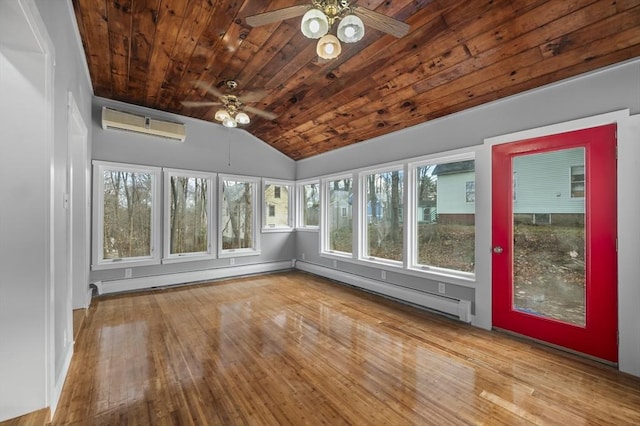 unfurnished sunroom with a ceiling fan, a baseboard heating unit, a wall unit AC, wood ceiling, and vaulted ceiling