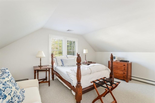 bedroom featuring light carpet, a baseboard radiator, and lofted ceiling