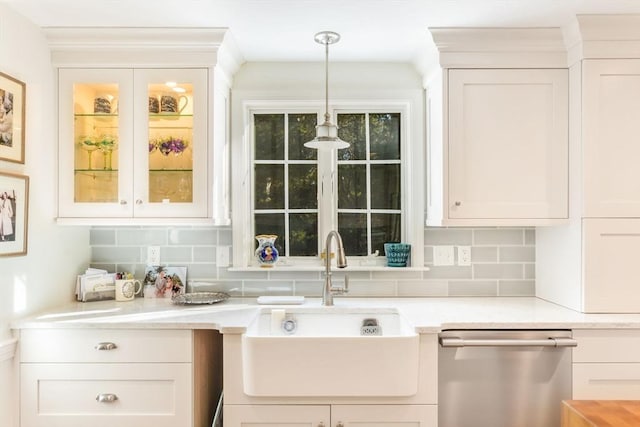 bar with dishwasher, decorative backsplash, white cabinetry, and sink