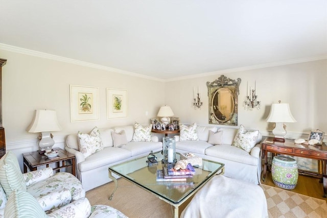 living room featuring wood-type flooring and ornamental molding