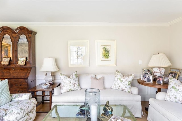 living room featuring crown molding and hardwood / wood-style floors