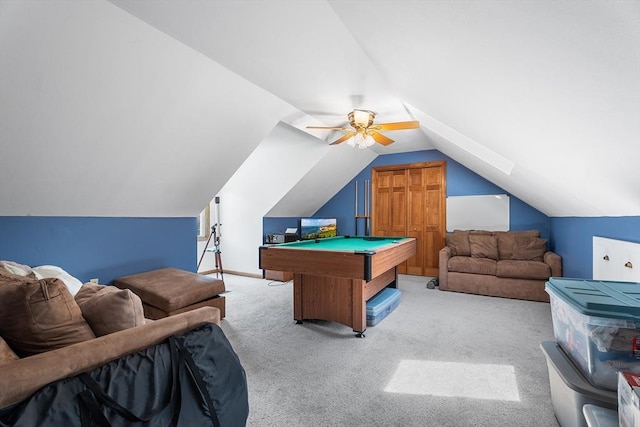 22 Washington St, Methuen, MA 01844 - game room featuring carpet floors, pool table, a ceiling fan, and vaulted ceiling