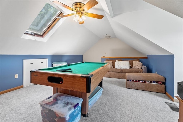 22 Washington St, Methuen, MA 01844 - game room with carpet flooring, a ceiling fan, lofted ceiling, pool table, and a skylight