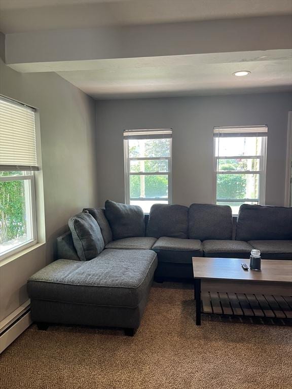 13 Harrison Ave, Bourne, MA 02532 - carpeted living area featuring a baseboard heating unit, plenty of natural light, and recessed lighting