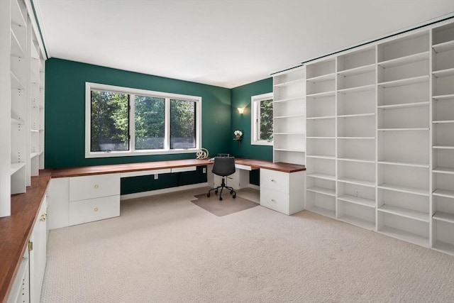 unfurnished office with carpet flooring and built in desk