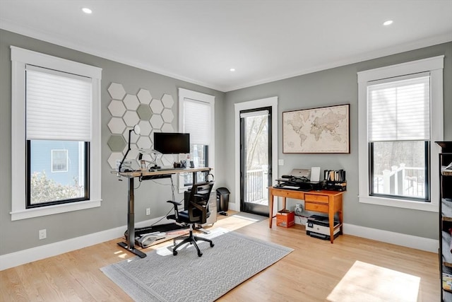 office featuring ornamental molding, recessed lighting, baseboards, and wood finished floors