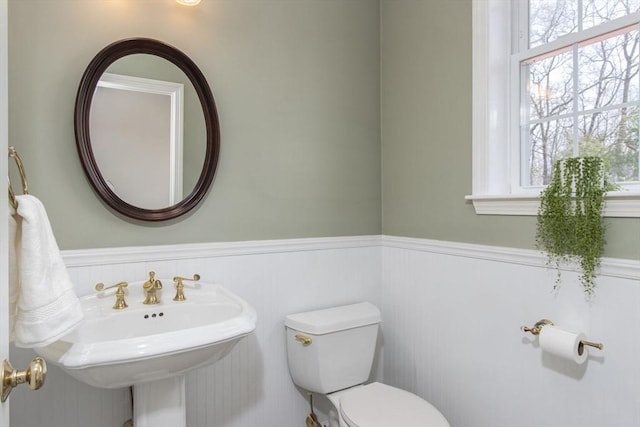 bathroom featuring plenty of natural light, a sink, a wainscoted wall, and toilet