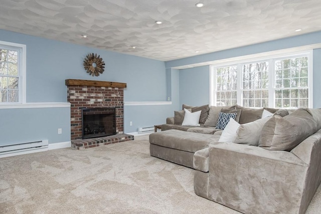 carpeted living room featuring a fireplace, baseboards, recessed lighting, a baseboard heating unit, and a baseboard radiator