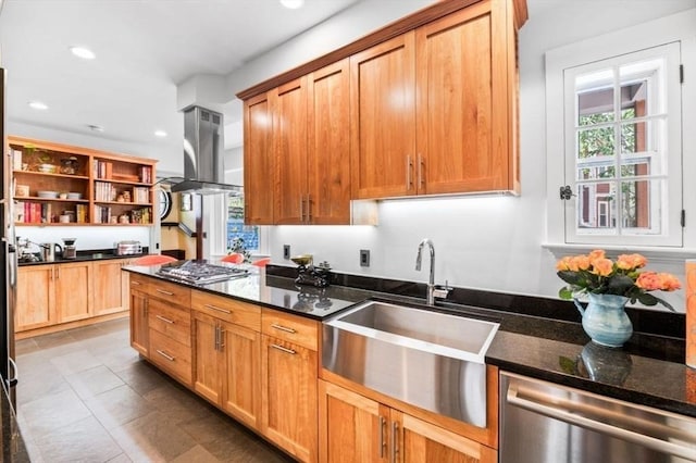 5 Willow Ave, Somerville, MA 02144 - kitchen featuring island exhaust hood, appliances with stainless steel finishes, a sink, open shelves, and recessed lighting