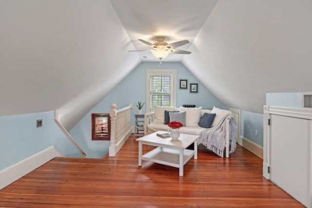 5 Willow Ave, Somerville, MA 02144 - living area featuring an upstairs landing, ceiling fan, lofted ceiling, wood finished floors, and baseboards