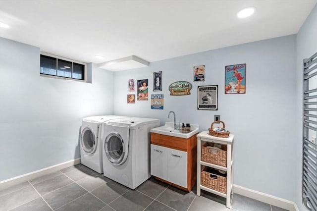 5 Willow Ave, Somerville, MA 02144 - washroom with washer and clothes dryer, baseboards, dark tile patterned floors, and recessed lighting