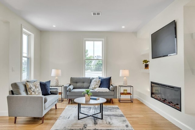 38 Green St Unit 38, Watertown, MA 02472 - living room featuring healthy amount of natural light, light wood-style flooring, a glass covered fireplace, baseboards, and recessed lighting