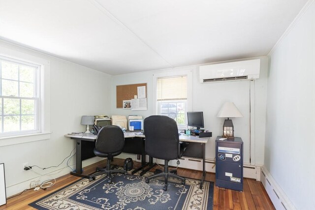 831 Main St, Dennis, MA 02638 - office space featuring a wall mounted air conditioner, wood finished floors, baseboard heating, and crown molding