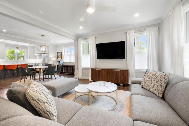10 Fieldstone Way Unit 11, Wellesley, MA 02482 - living room featuring wood finished floors, ceiling fan, recessed lighting, and ornamental molding