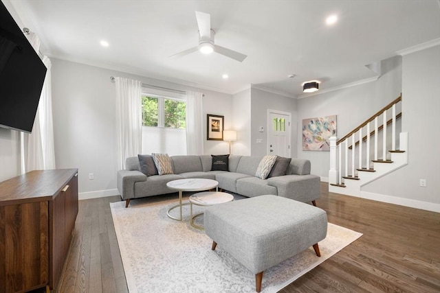 10 Fieldstone Way Unit 11, Wellesley, MA 02482 - living room featuring ornamental molding, dark wood-type flooring, ceiling fan, stairs, and recessed lighting