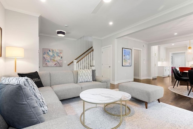 10 Fieldstone Way Unit 11, Wellesley, MA 02482 - living room featuring dark wood-style flooring, stairway, recessed lighting, a ceiling fan, and crown molding