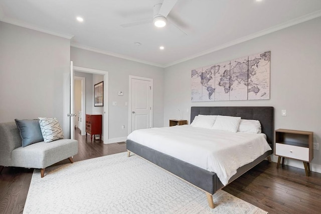 10 Fieldstone Way Unit 11, Wellesley, MA 02482 - bedroom with dark wood-style flooring, crown molding, recessed lighting, and ceiling fan