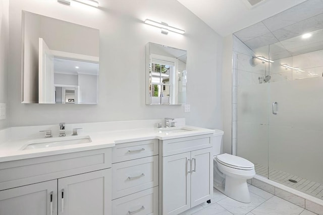 10 Fieldstone Way Unit 11, Wellesley, MA 02482 - bathroom featuring a shower stall, double vanity, and marble look tiles