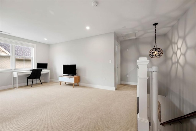 10 Fieldstone Way Unit 11, Wellesley, MA 02482 - sitting room with light colored carpet, an upstairs landing, recessed lighting, a desk, and attic access