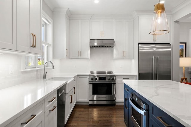 10 Fieldstone Way Unit 11, Wellesley, MA 02482 - kitchen with stainless steel appliances, ventilation hood, blue cabinetry, white cabinets, and recessed lighting