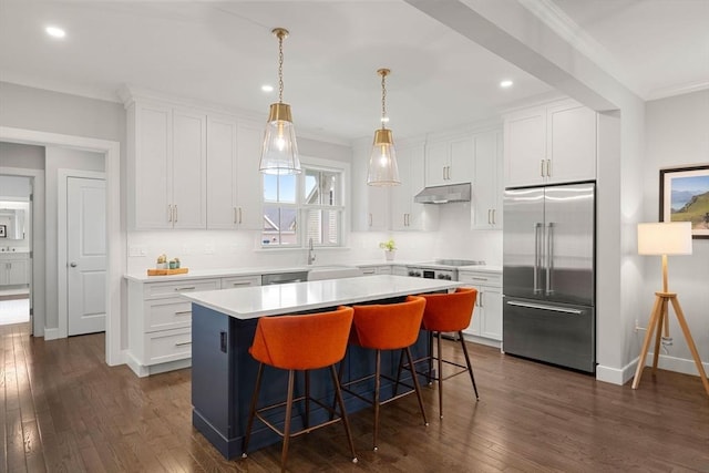 10 Fieldstone Way Unit 11, Wellesley, MA 02482 - kitchen with appliances with stainless steel finishes, under cabinet range hood, crown molding, a kitchen island, and light countertops