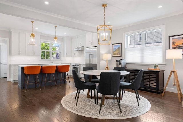 10 Fieldstone Way Unit 11, Wellesley, MA 02482 - dining area featuring dark wood-style floors, crown molding, recessed lighting, and a chandelier