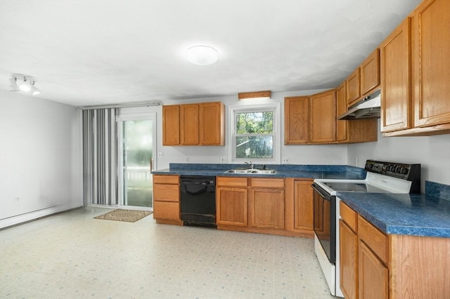 kitchen with dishwasher, range with electric cooktop, under cabinet range hood, a sink, and dark countertops