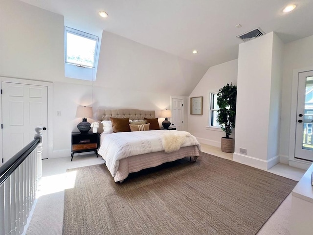 bedroom with lofted ceiling, baseboards, recessed lighting, a skylight, and multiple windows