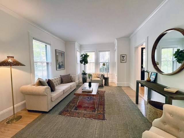 living room featuring ornamental molding, wood finished floors, and baseboards