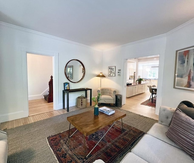 living area with crown molding and light wood-type flooring