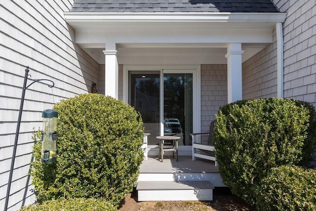 property entrance featuring covered porch and a shingled roof