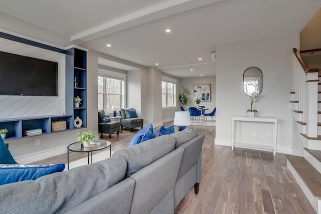 136 Flash Rd Townhome, Unit Townhome, Nahant, MA 01908 - living room featuring beamed ceiling, recessed lighting, stairway, wood finished floors, and baseboards