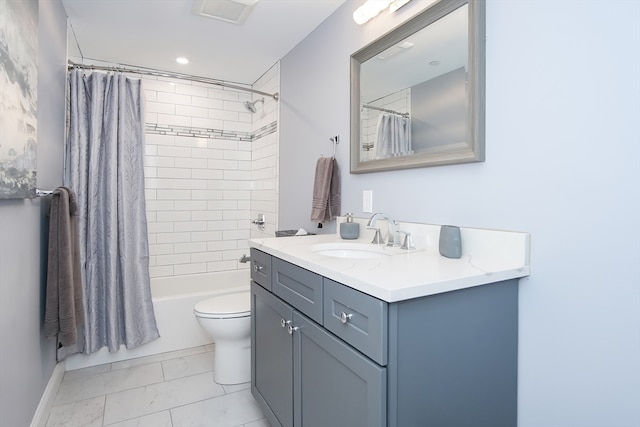 full bathroom featuring vanity, shower / tub combo, and toilet